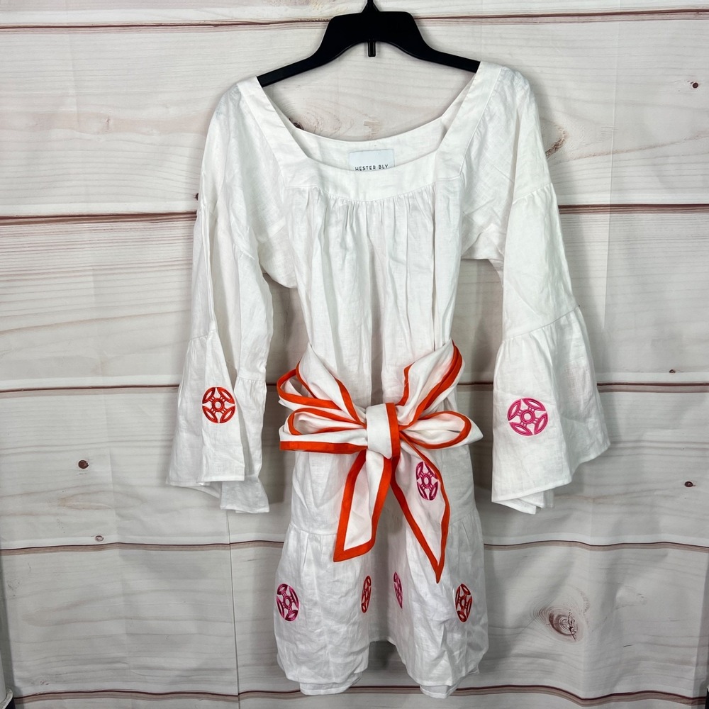 Hester Bly Dress Womens Small White Linen Mini Embroidered Bell Sleeve Belted